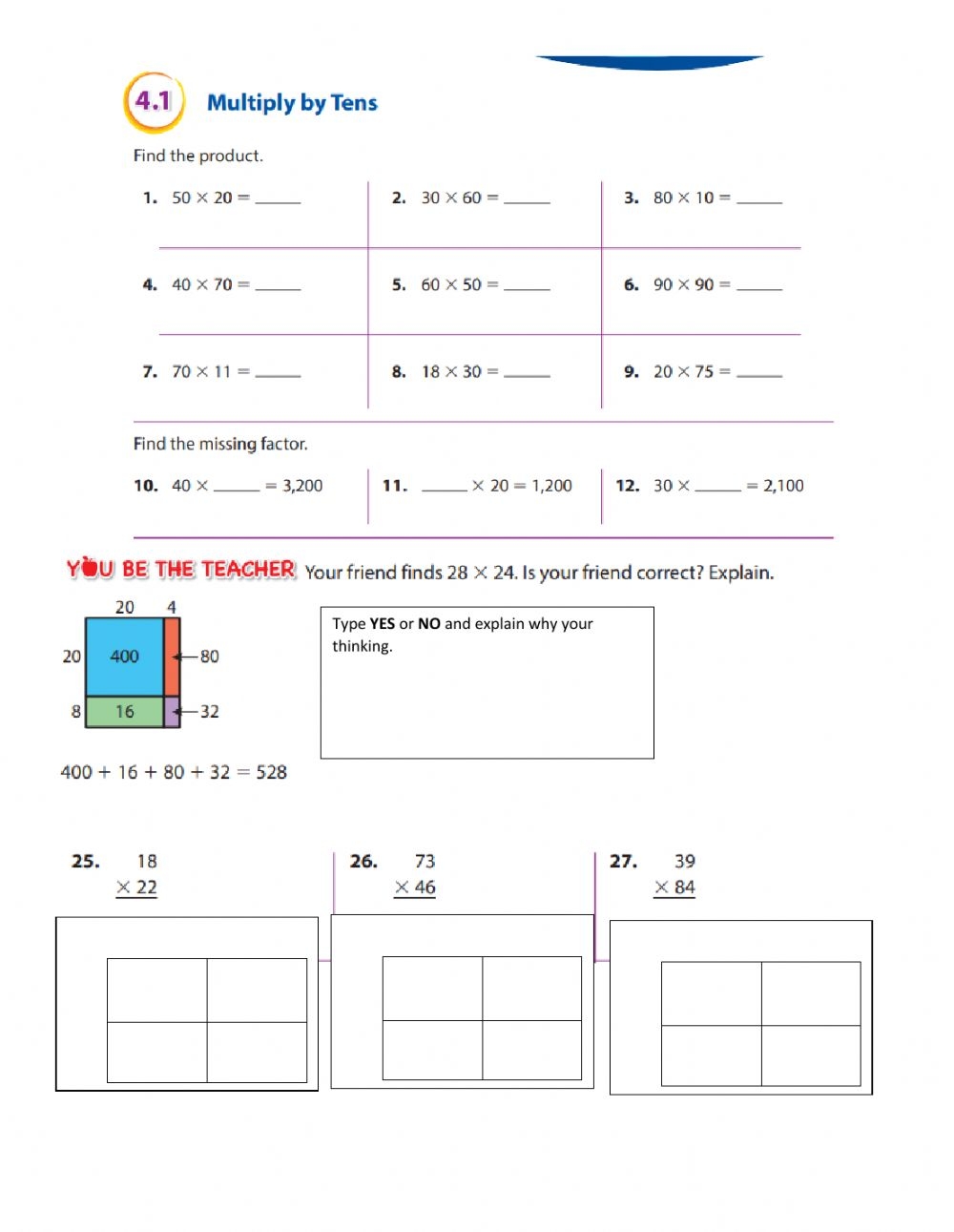 Multiplication By 10s And Box Method Worksheet