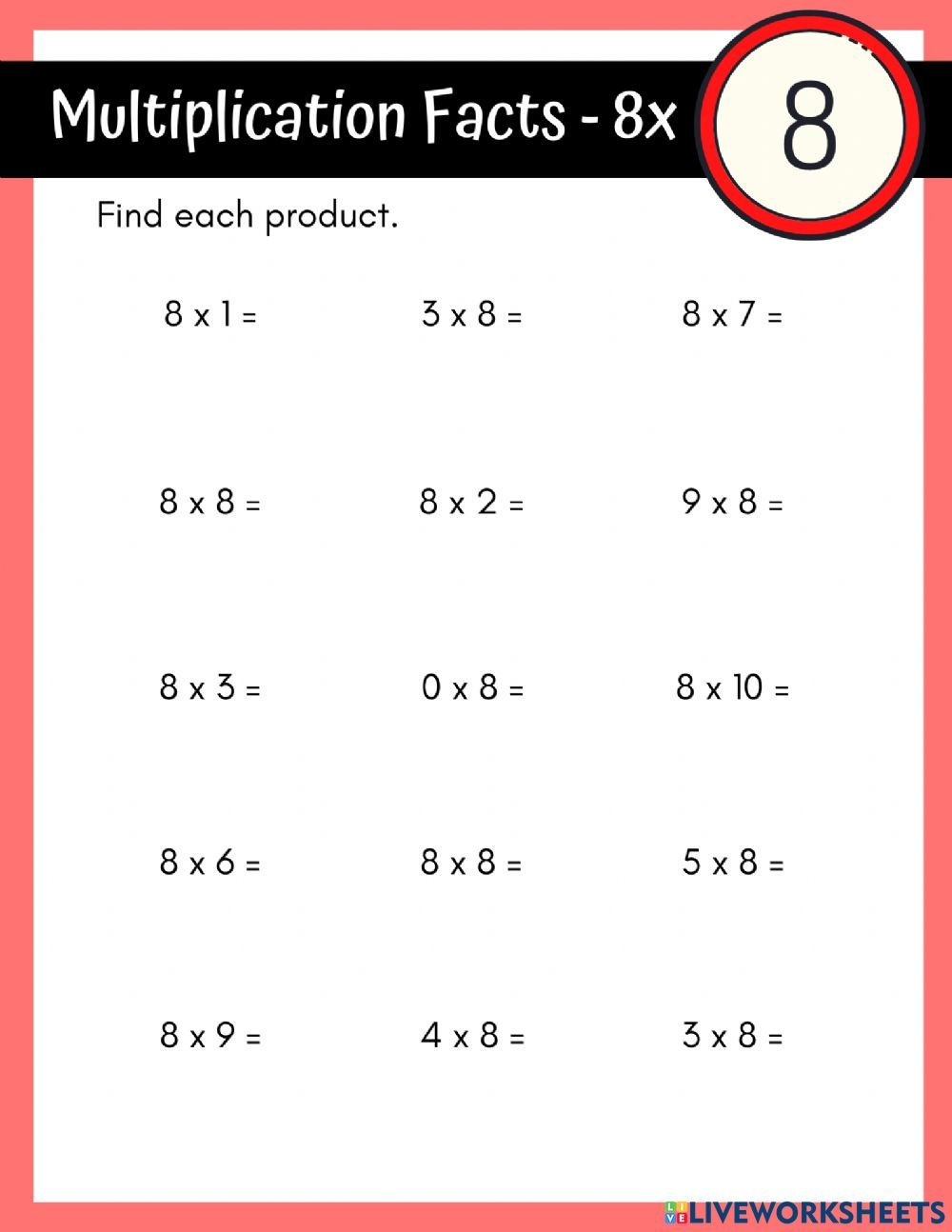 Multiplication By 8 Interactive Worksheet