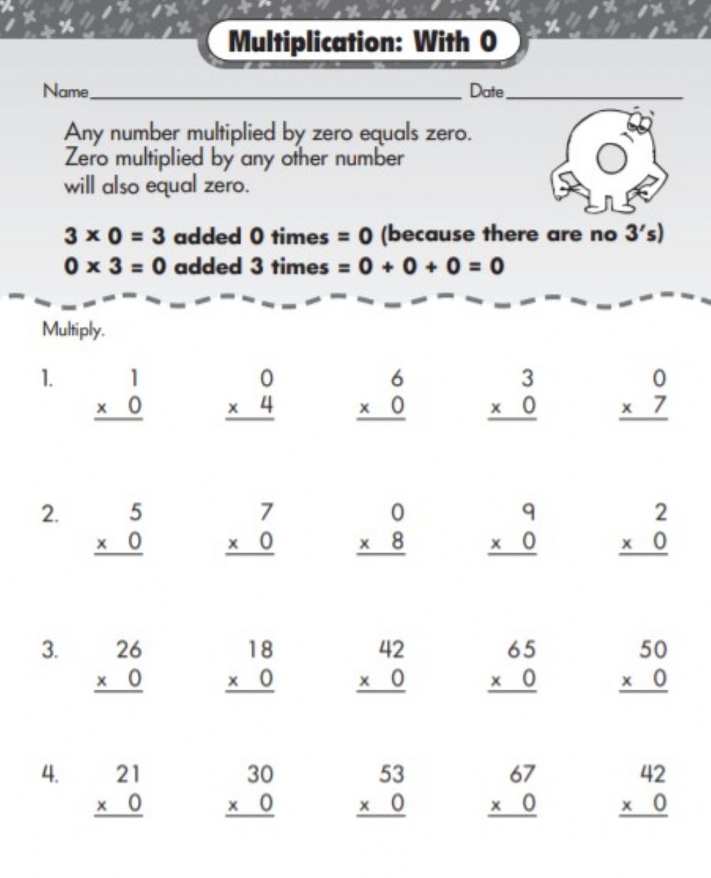 Multiplication By Zero Worksheet