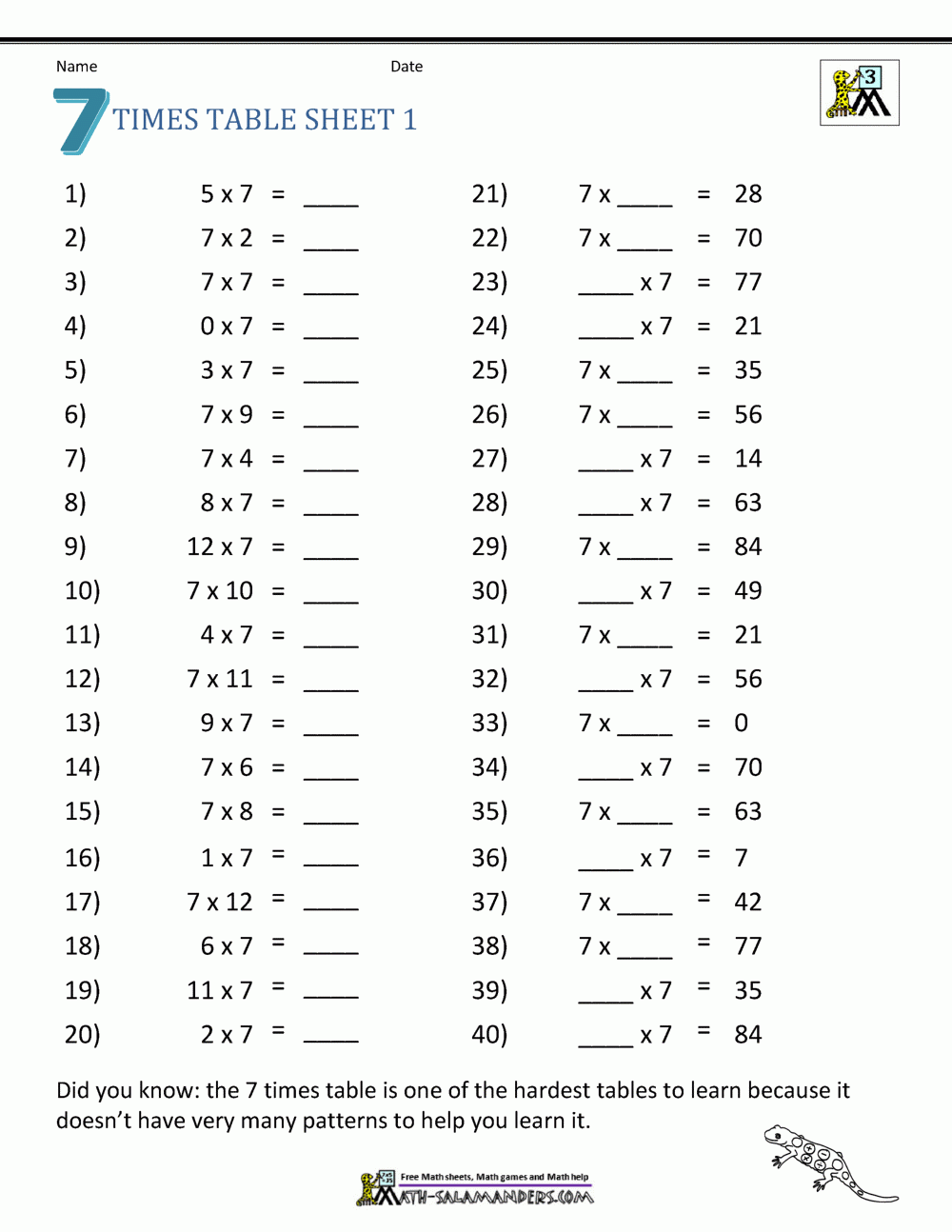 7's Multiplication Worksheets