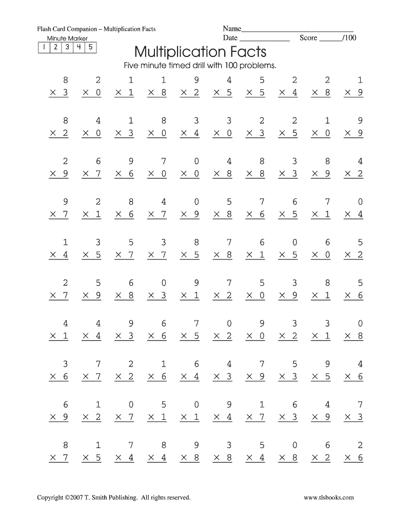 100 Multiplication Timed Test Worksheets