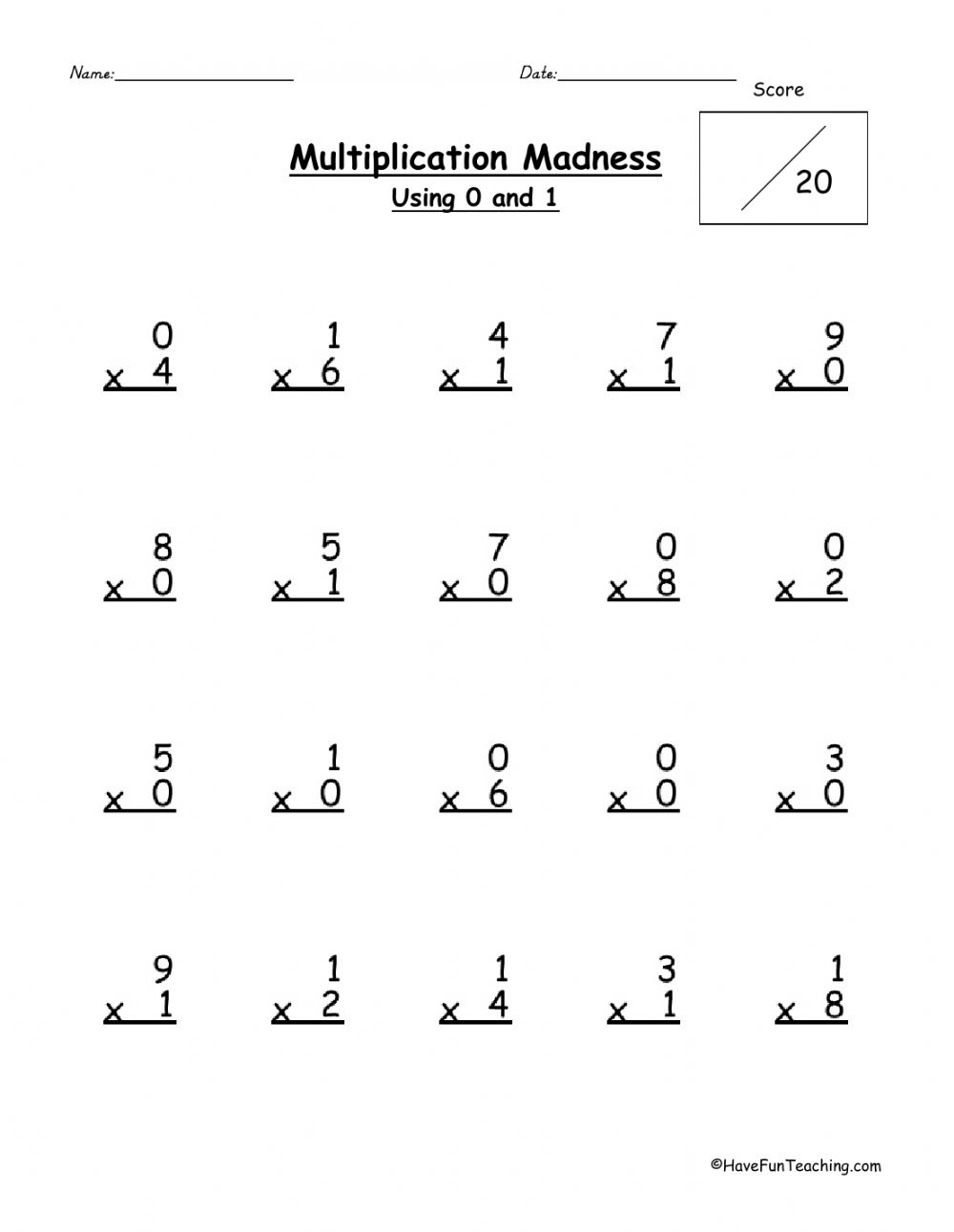 Multiplication Facts 0 1 Worksheet