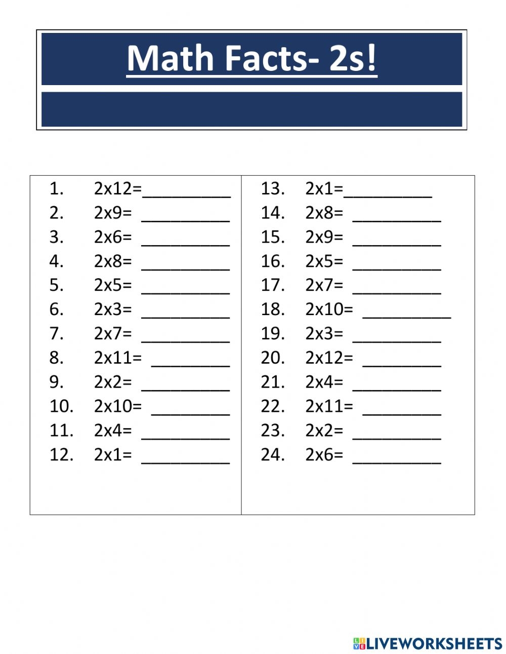 2s Multiplication Facts Worksheets