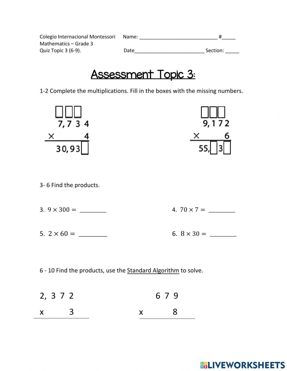 Multiplication Online Exercise For Grade 3
