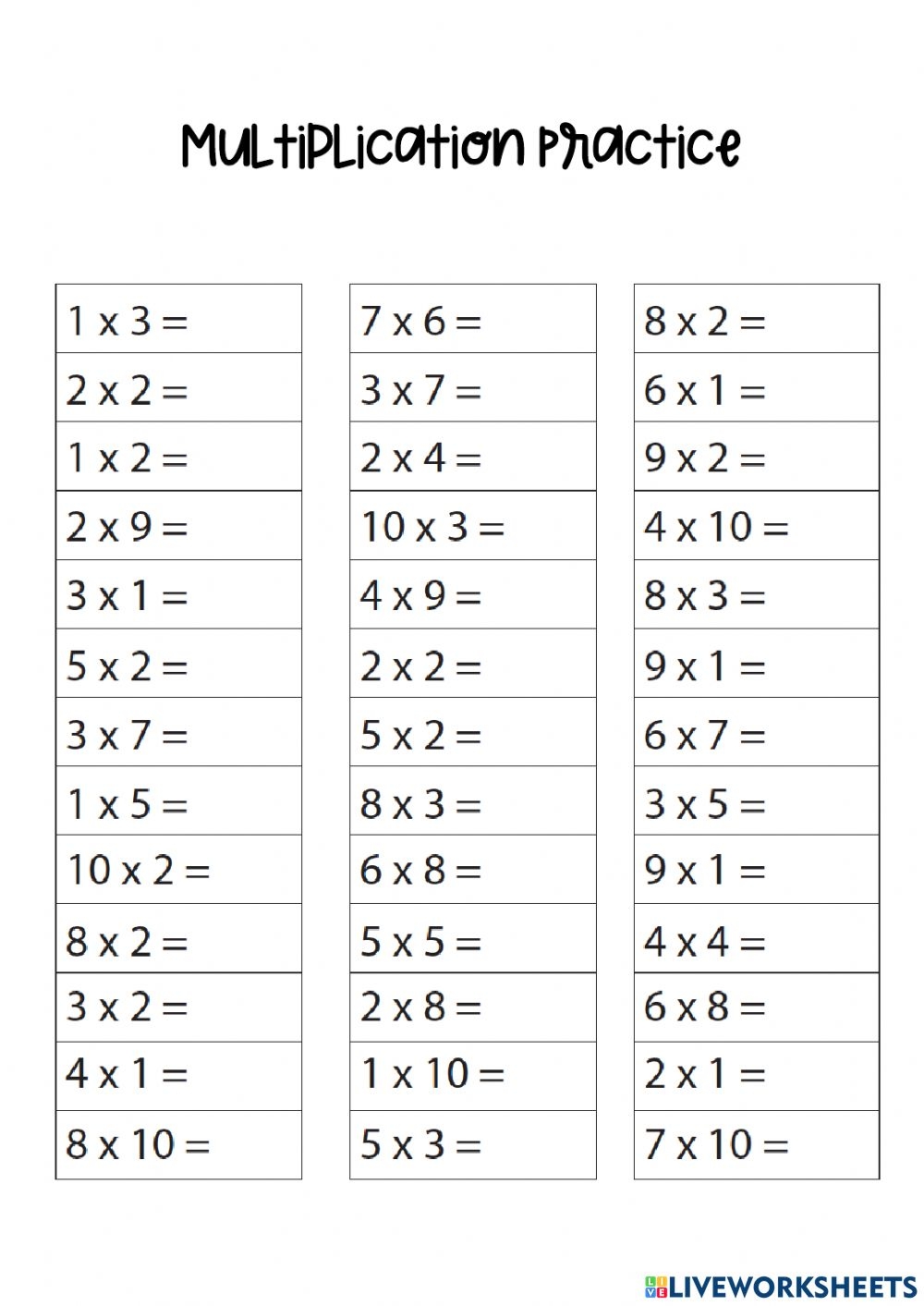 Multiplication Practice Activity For 3rd Grade