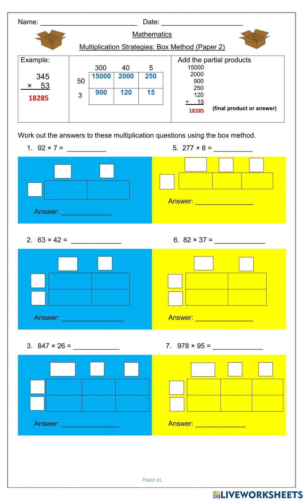 Multiplication Strategies Box Method Paper 2 Worksheet
