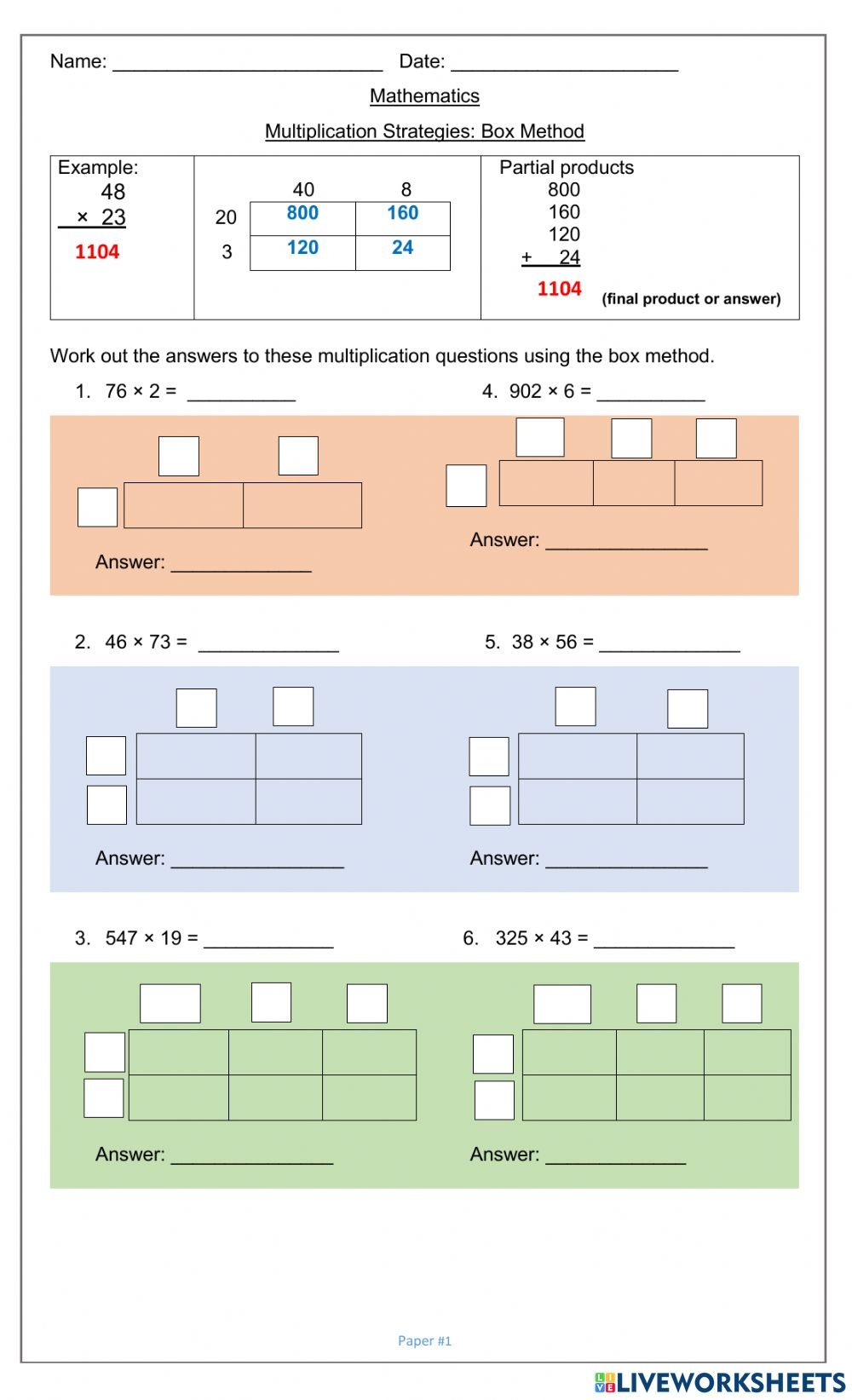 Multiplication Strategies Box Method Worksheet