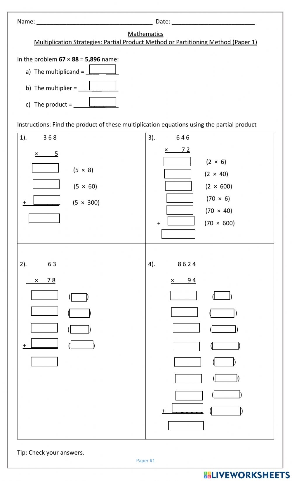 Multiplication Strategies Partial Products Part A Worksheet
