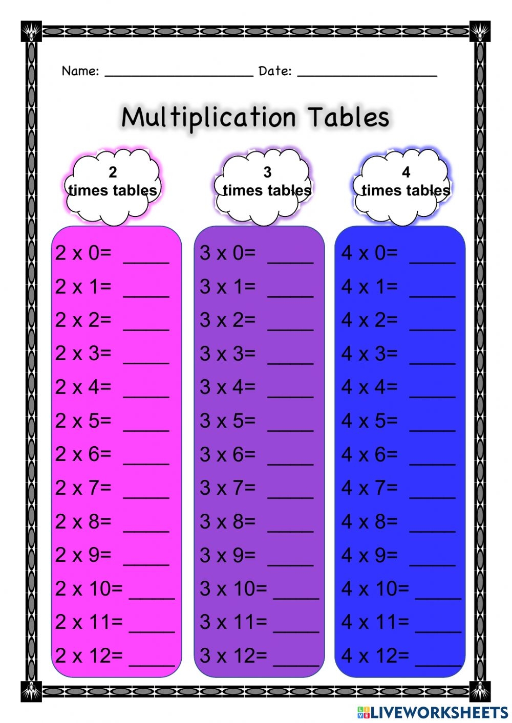 Multiplication Tables 2 3 4 Worksheet