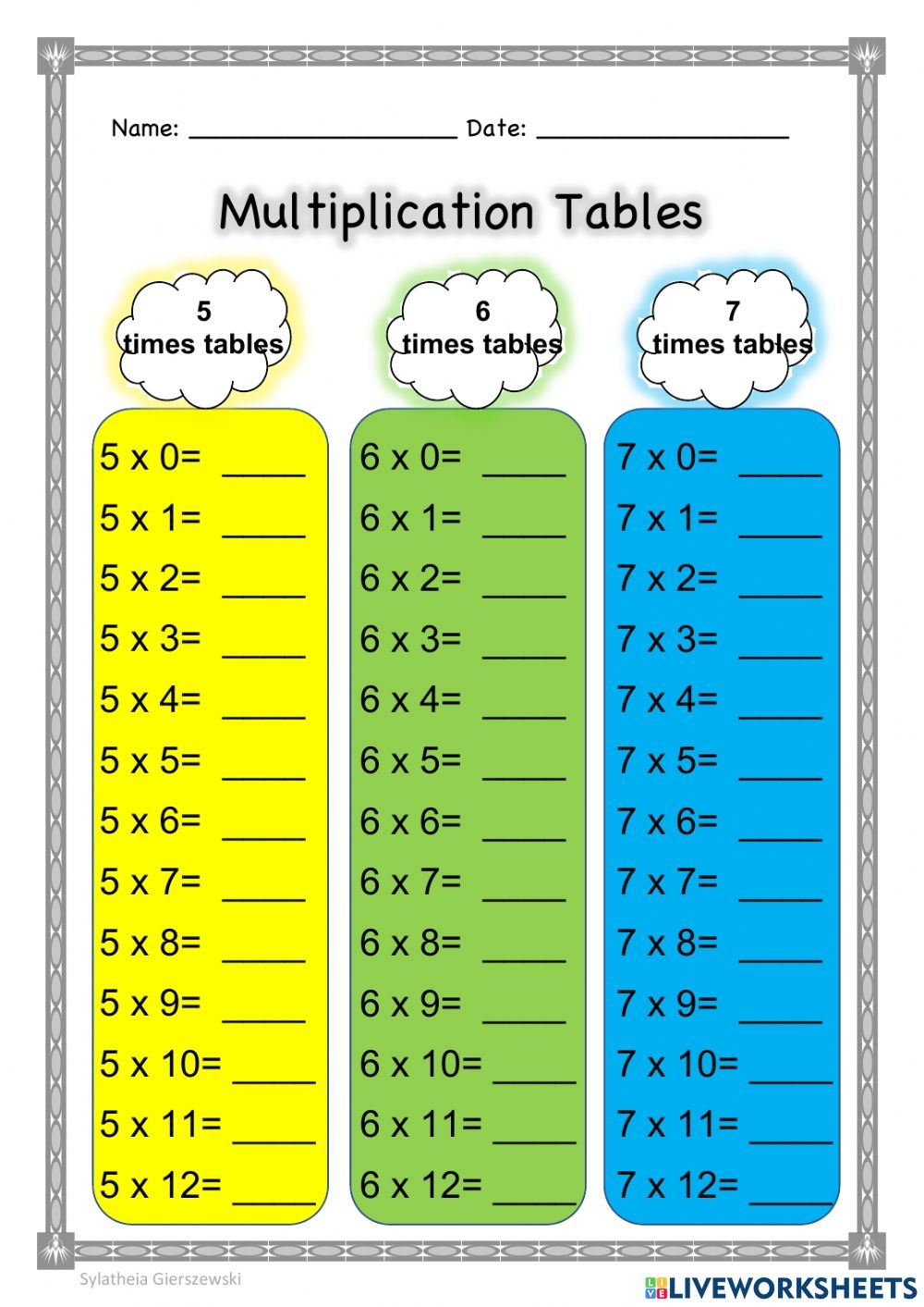 Multiplication Tables 5 6 7 Worksheet