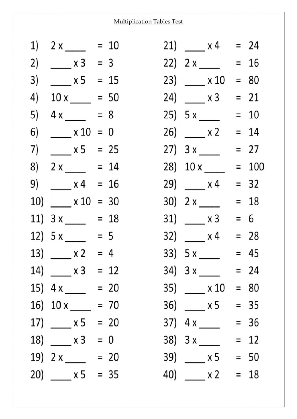 Multiplication Table 1-20 Worksheets