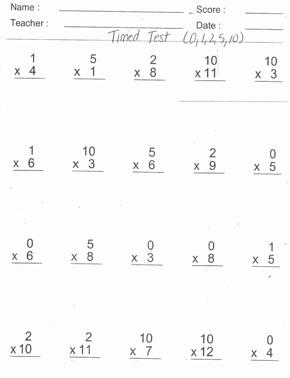 Multiplication 0-5 Worksheets