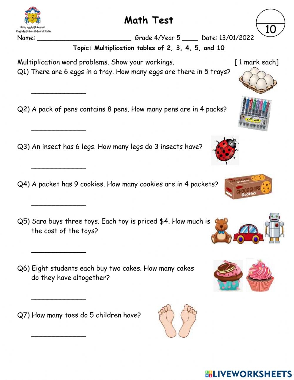 Multiplication Word Problems Test Worksheet