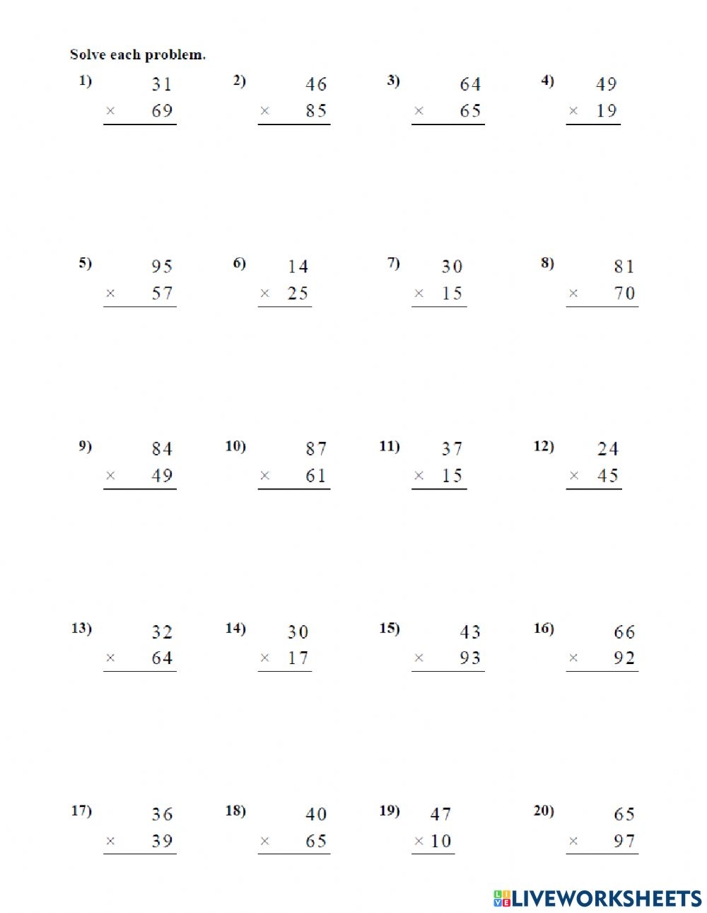 Two Digit By Two Digit Multiplication Worksheets