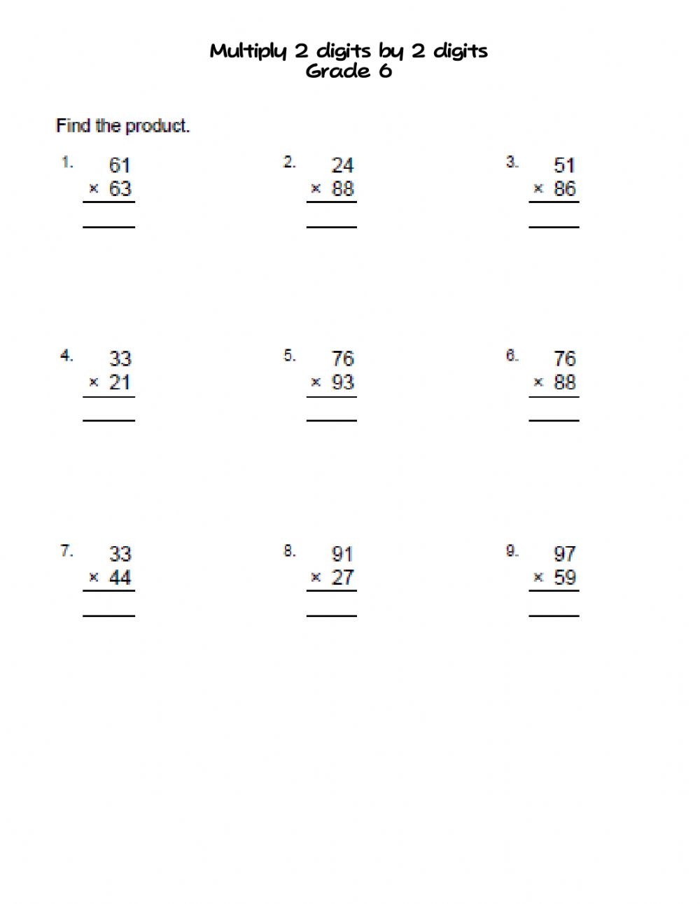 Multiply 2 Digits By 2 Digits Grade 6 Worksheet