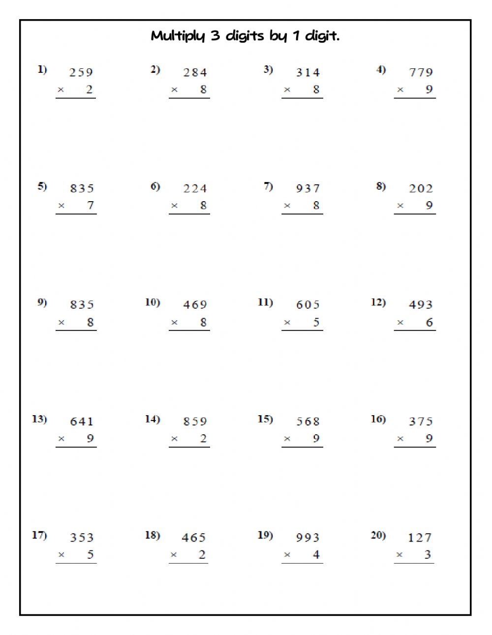 Multiply 3 Digits By 1 Digit Worksheet