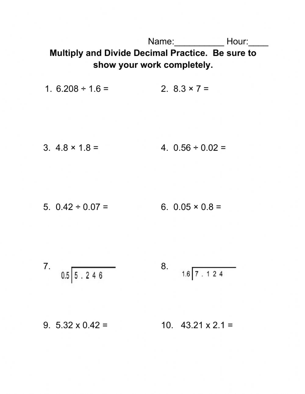 Multiplication And Division Worksheets 6th