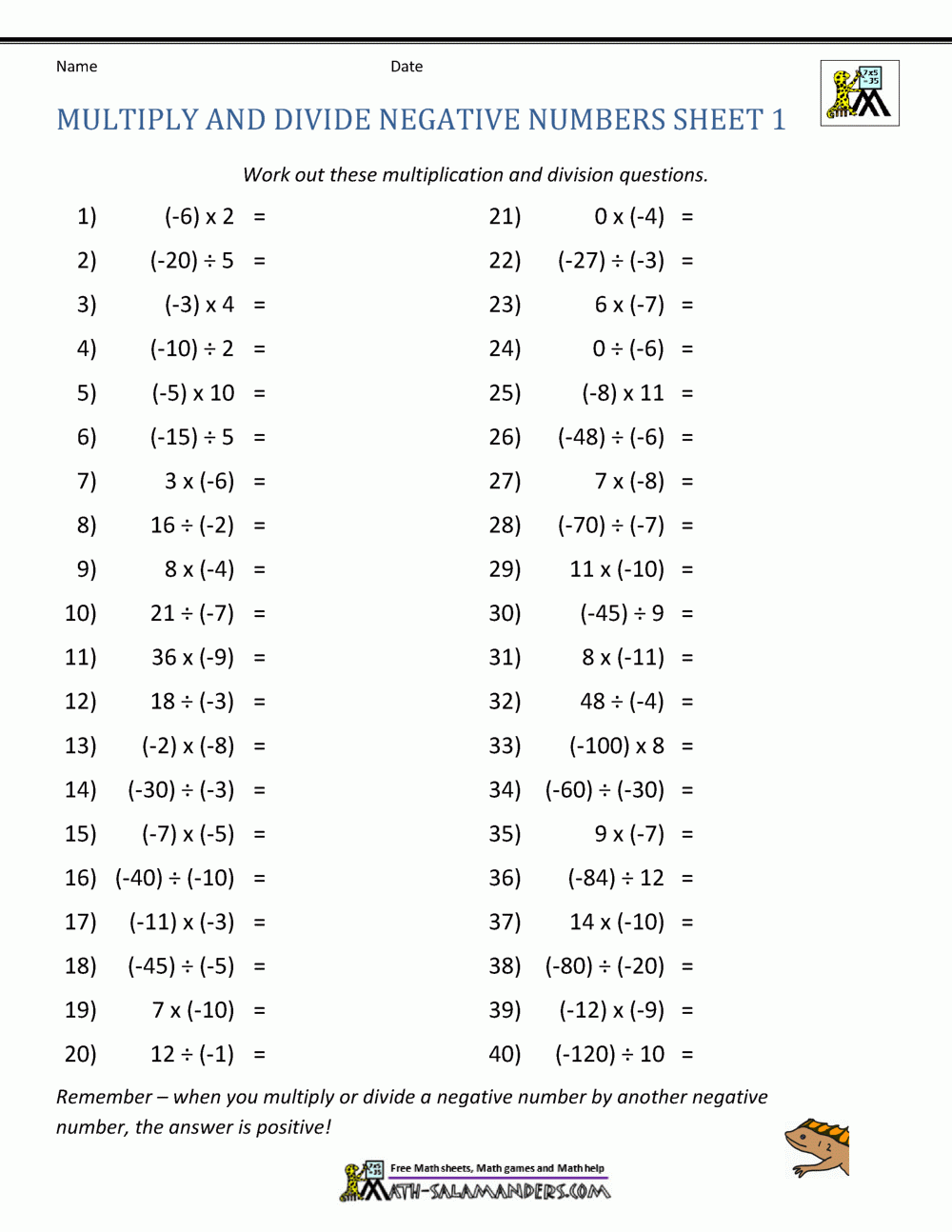 Negative Numbers Multiplication Worksheets Printable Worksheets