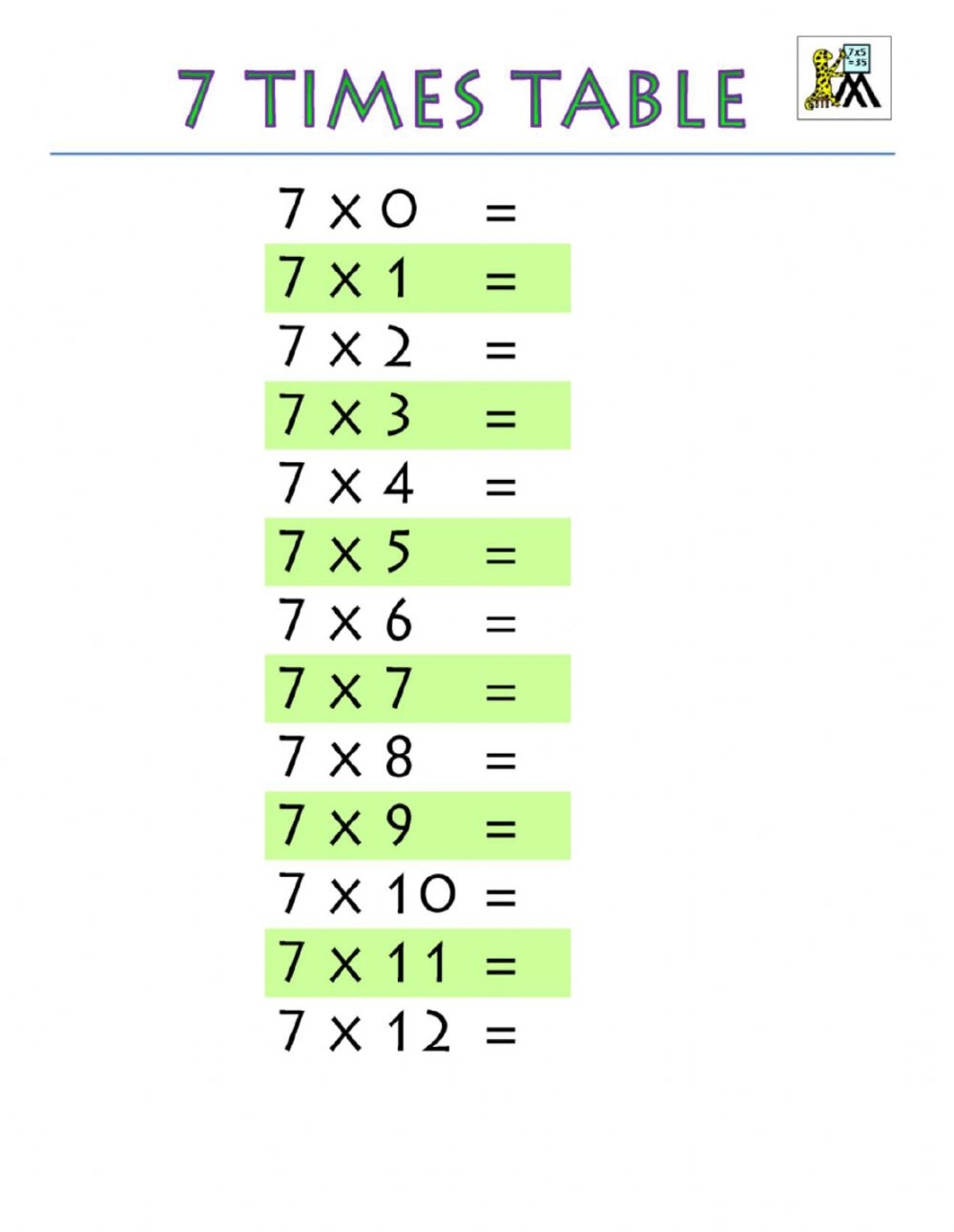7s Multiplication Worksheets
