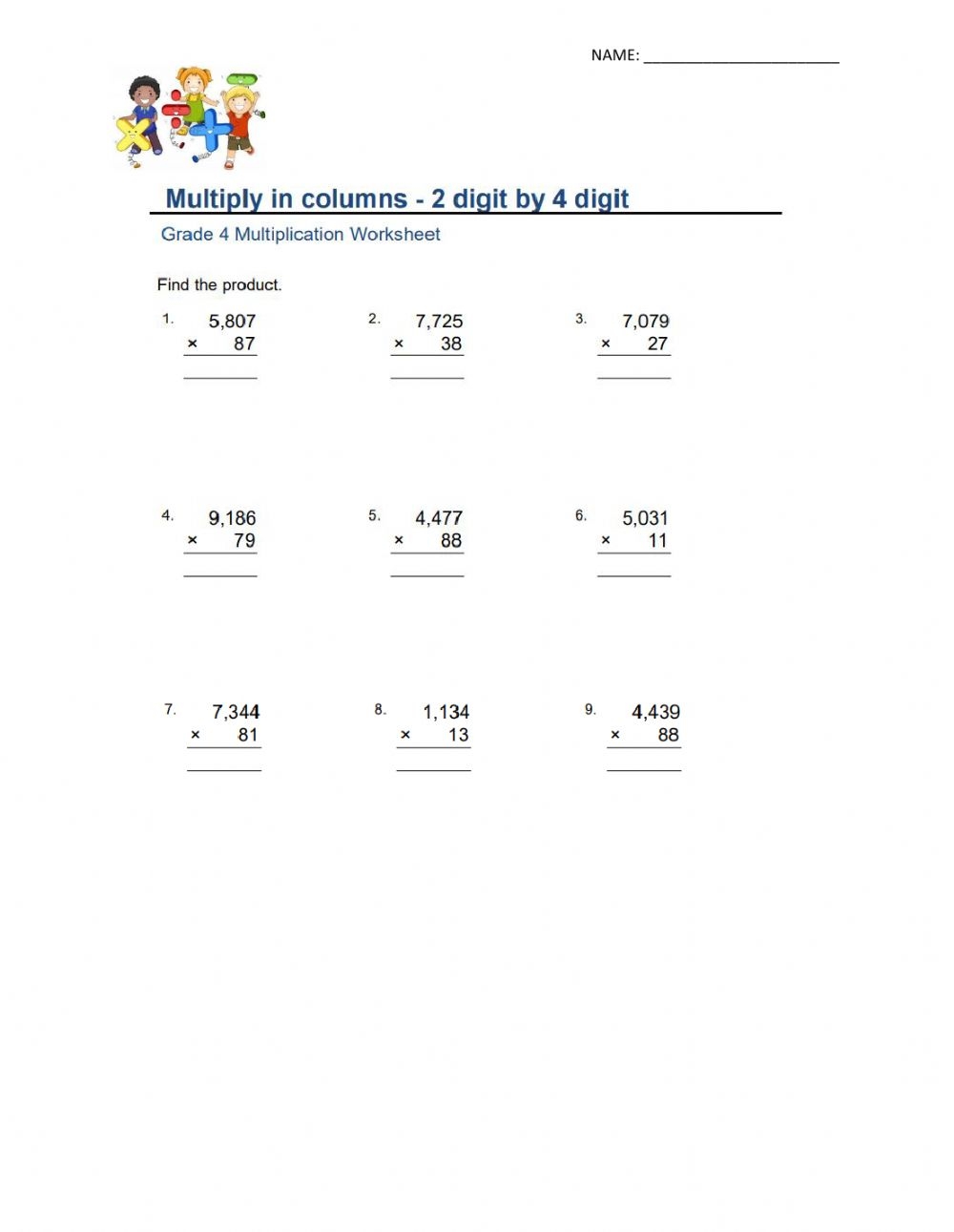 Multiply In Columns 2 digit By 4 digit Worksheet
