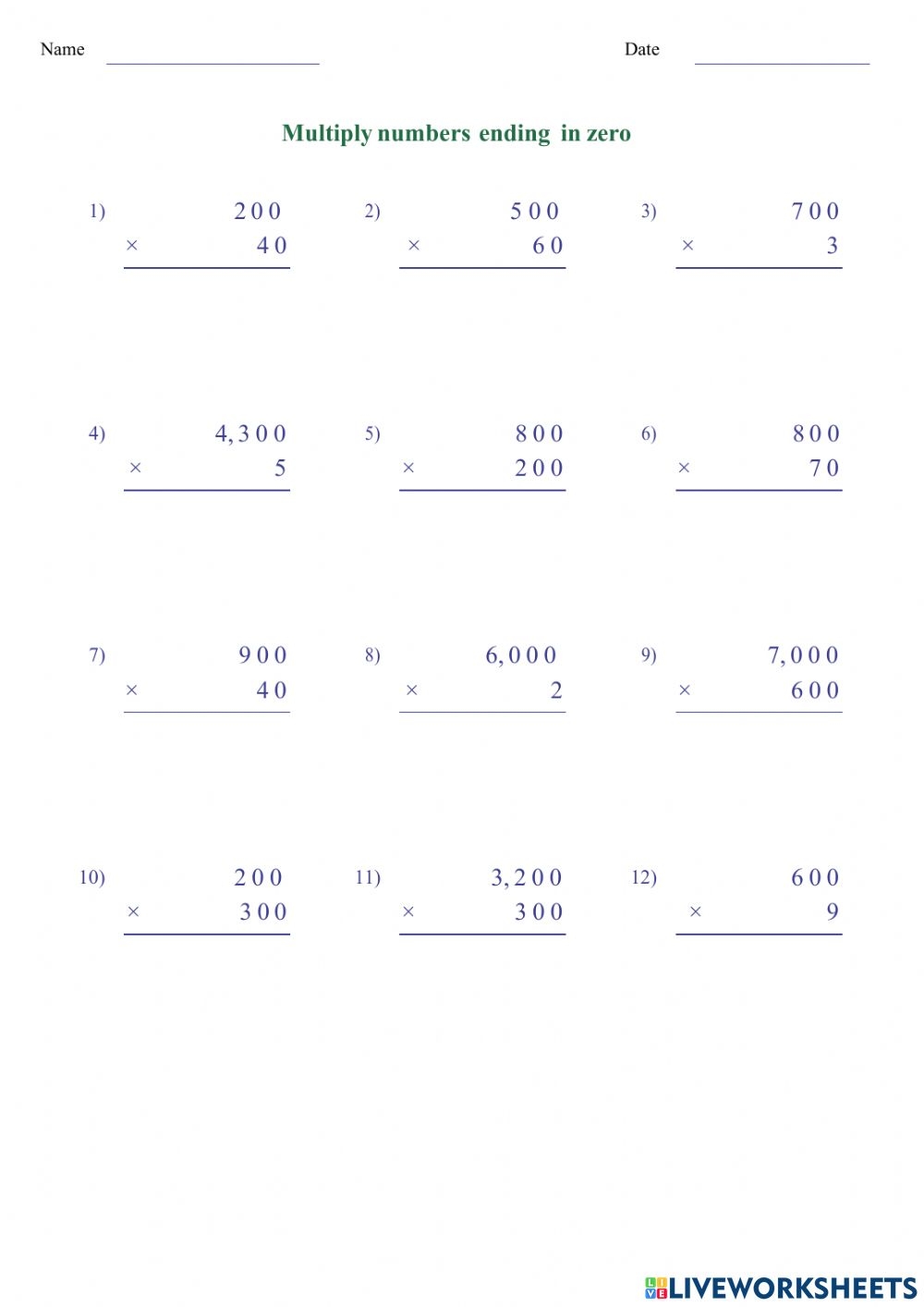 Multiplication With Zeros Worksheets
