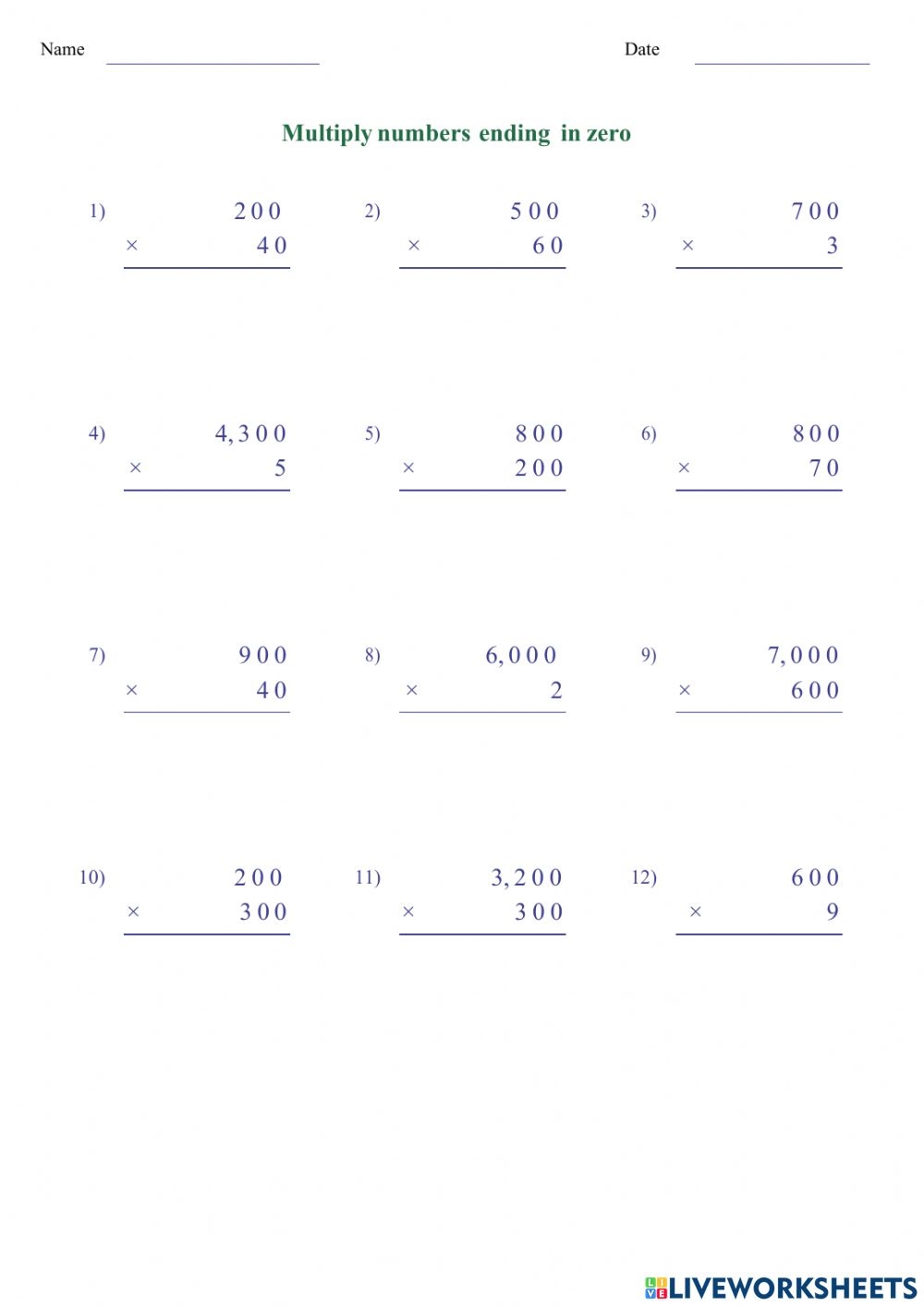 Multiply By Zero Worksheets