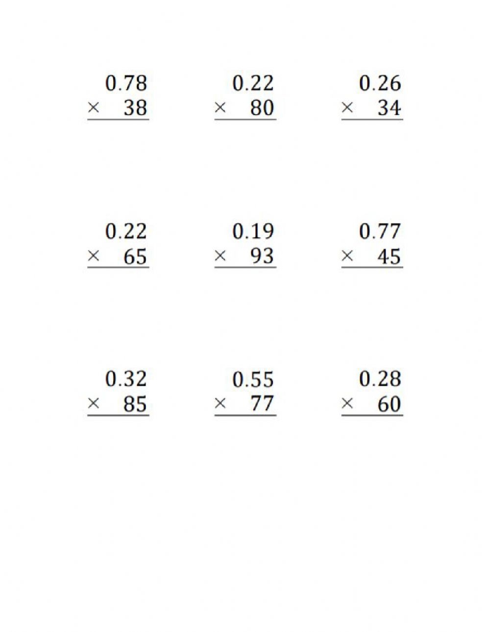 Multiplying 2 digit Integers And Hundredths Worksheet