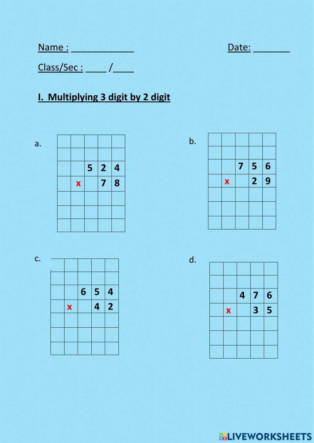 Multiplying 3 Digit By 2 Digit Worksheet