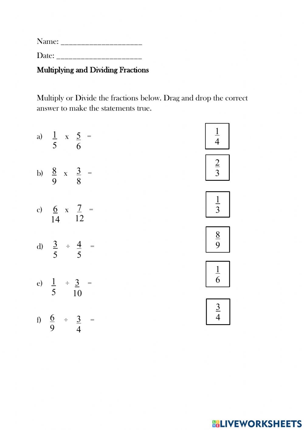 Multiplying And Dividing Fractions Interactive Worksheet