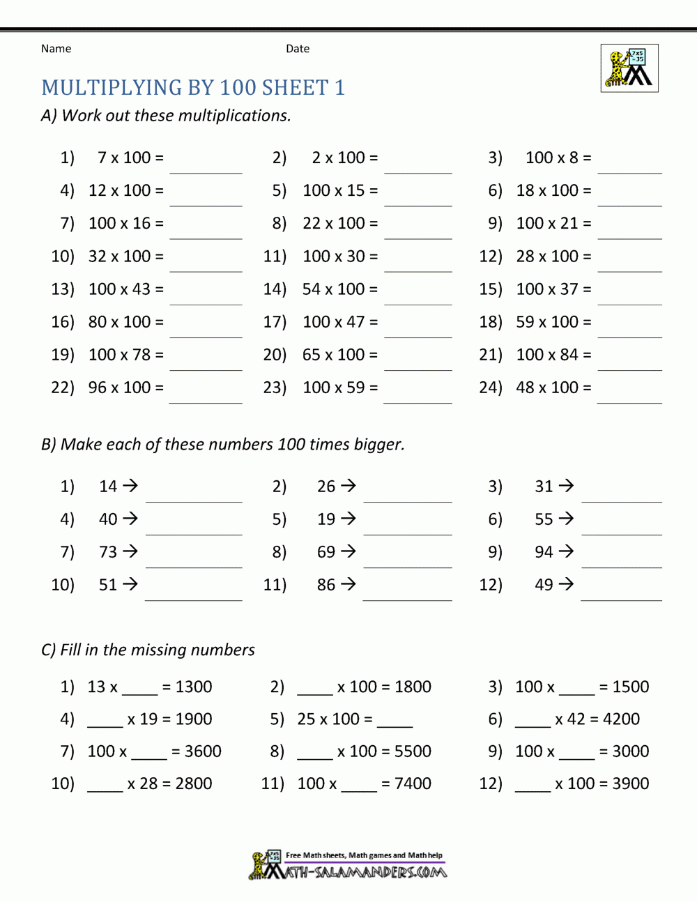 Multiplying By 10 And 100 Worksheets