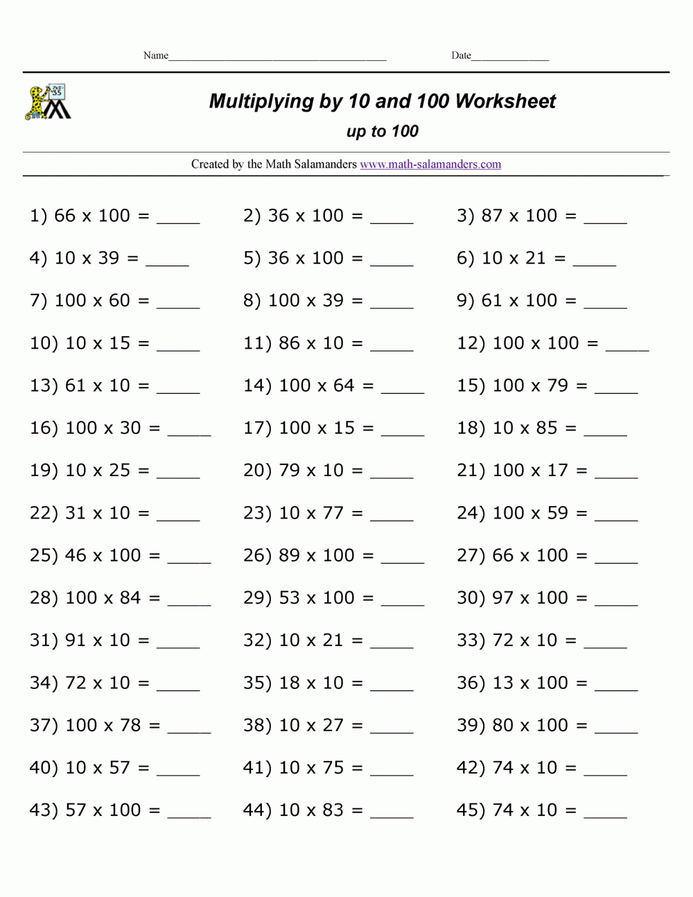 Multiplying By 10 And 100 Worksheets