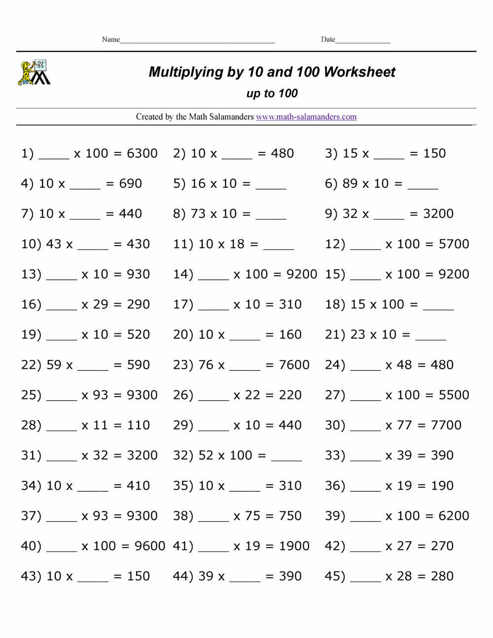Multiplication By 10 Worksheets Printable