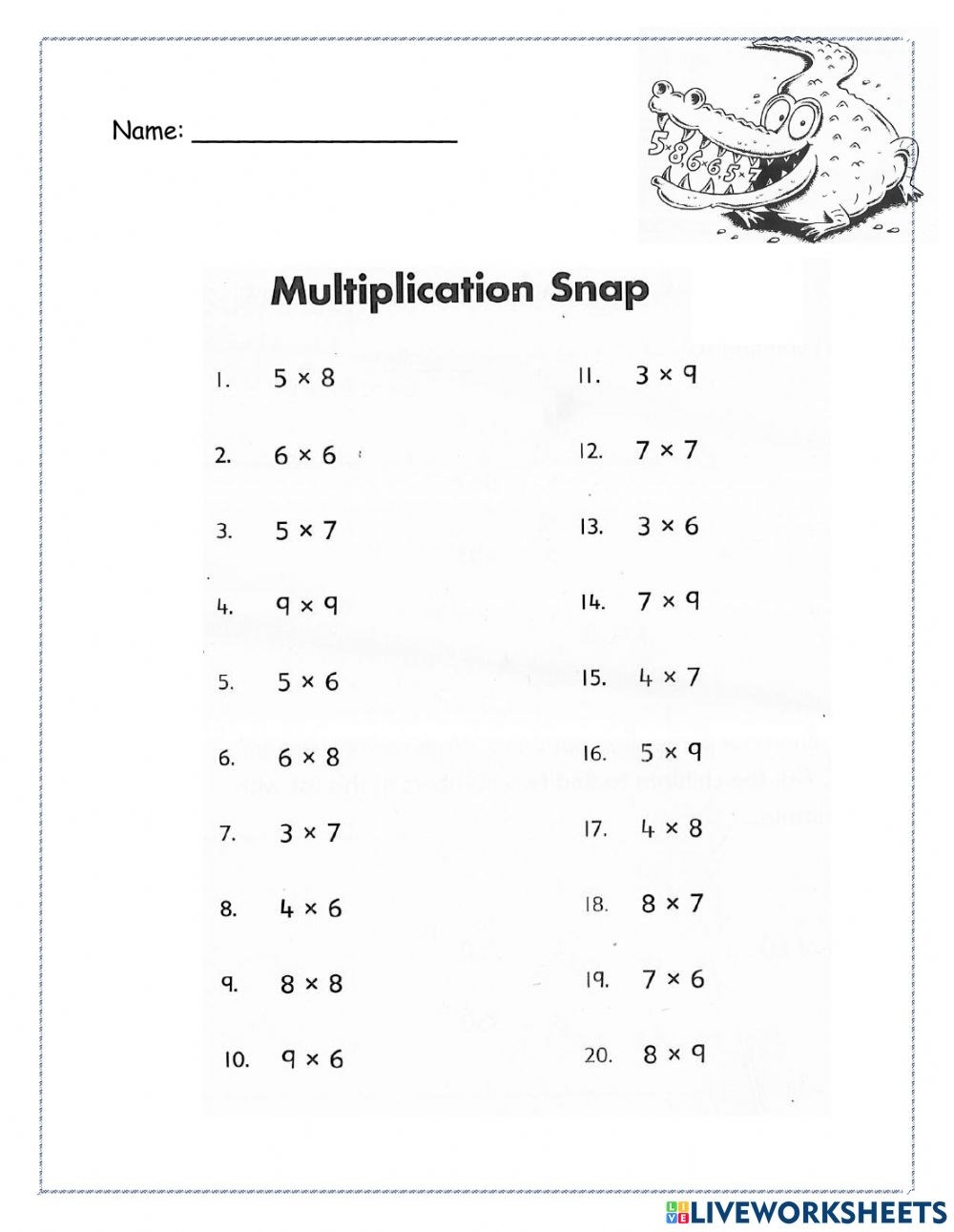 Multiplying By 6 7 8 9 Interactive Worksheet