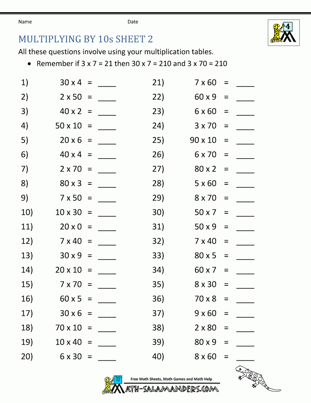 Multiply By Multiples Of 10 Worksheets