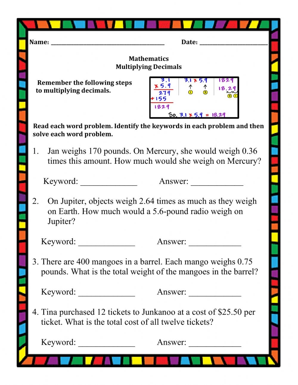 Word Problems For Multiplying Decimals