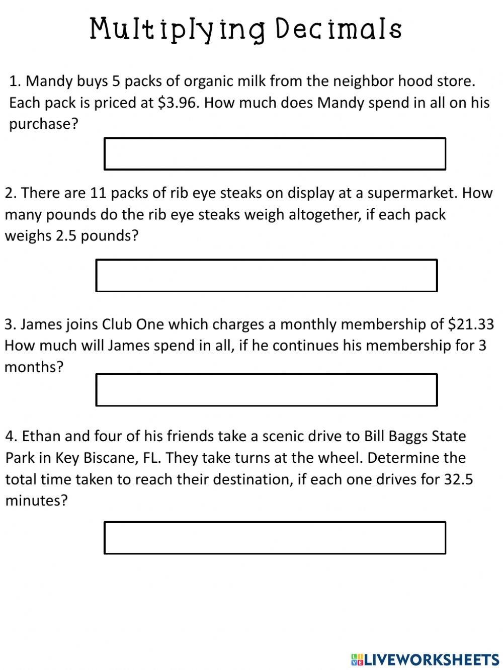 Multiplying Decimals Word Problems Worksheet