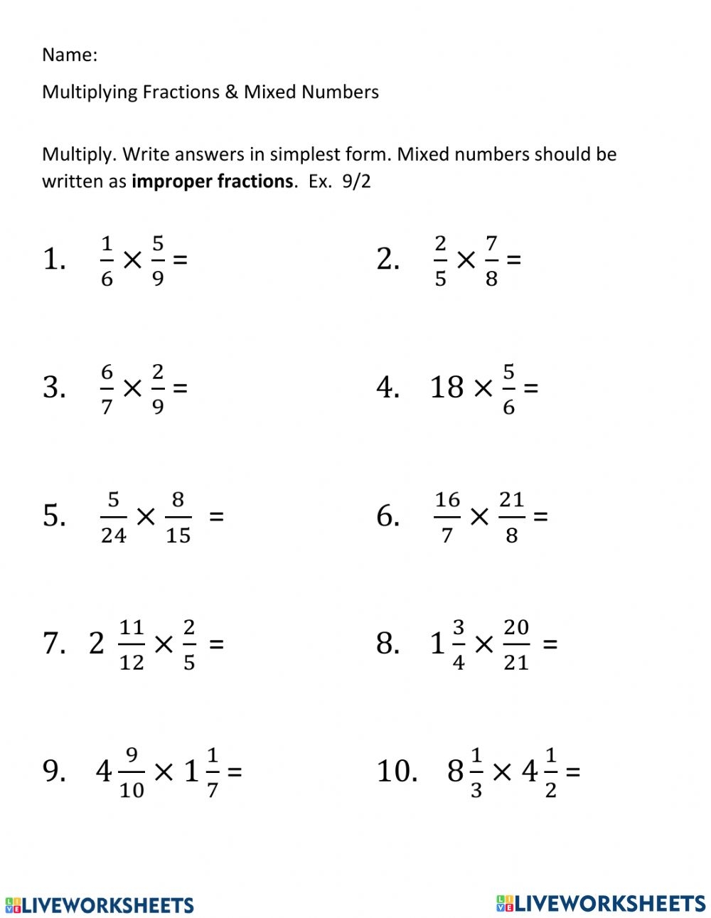 Multiplying Fractions Online Worksheet For Grade 6