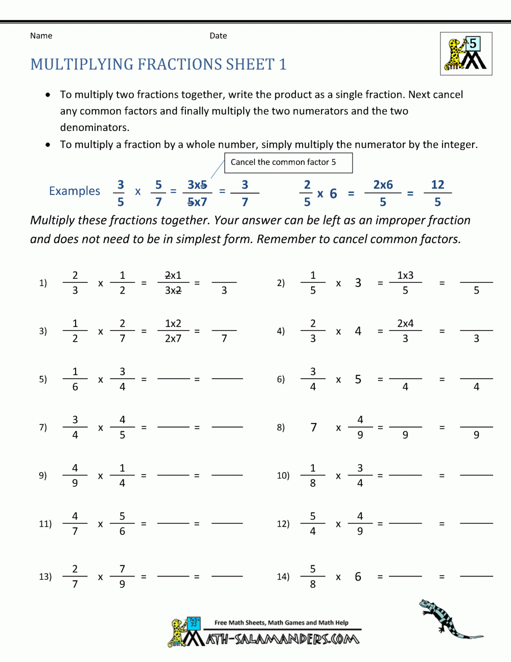Multiplication Of Fractions Worksheets