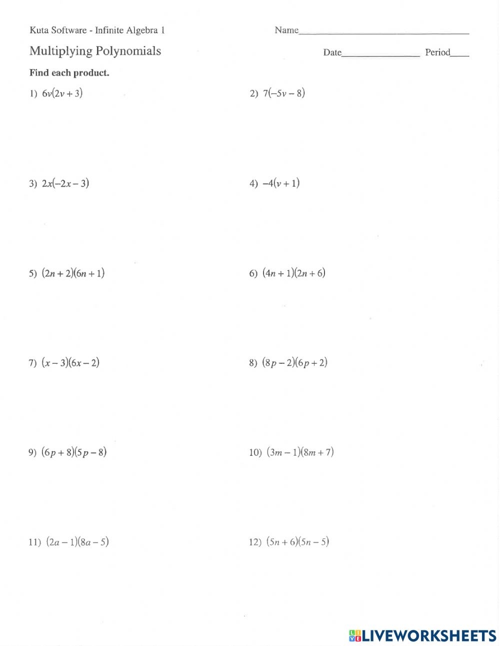 Multiplying Polynomials Worksheet