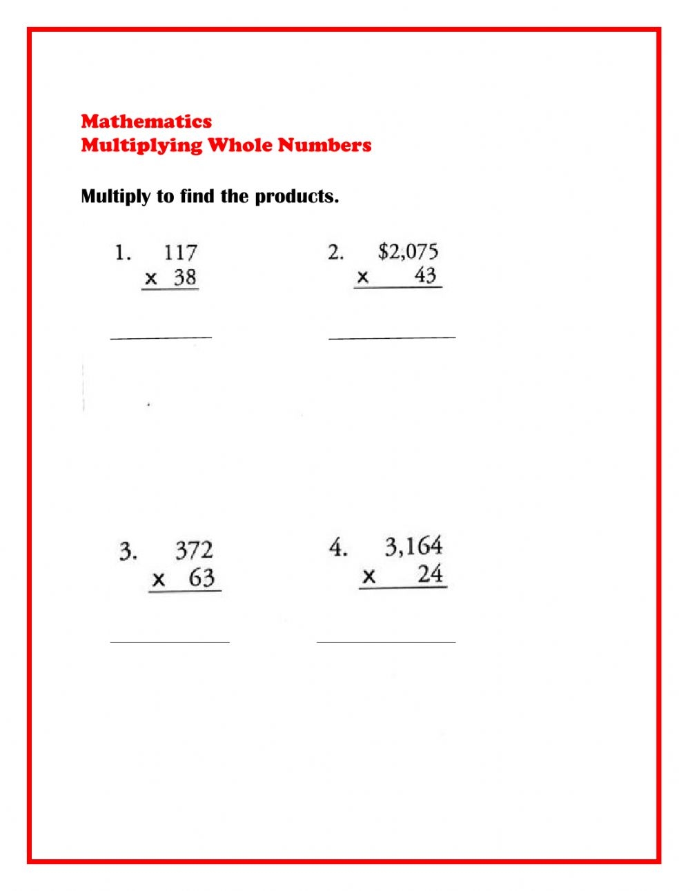 Multiplication Whole Numbers Worksheets Printable Worksheets