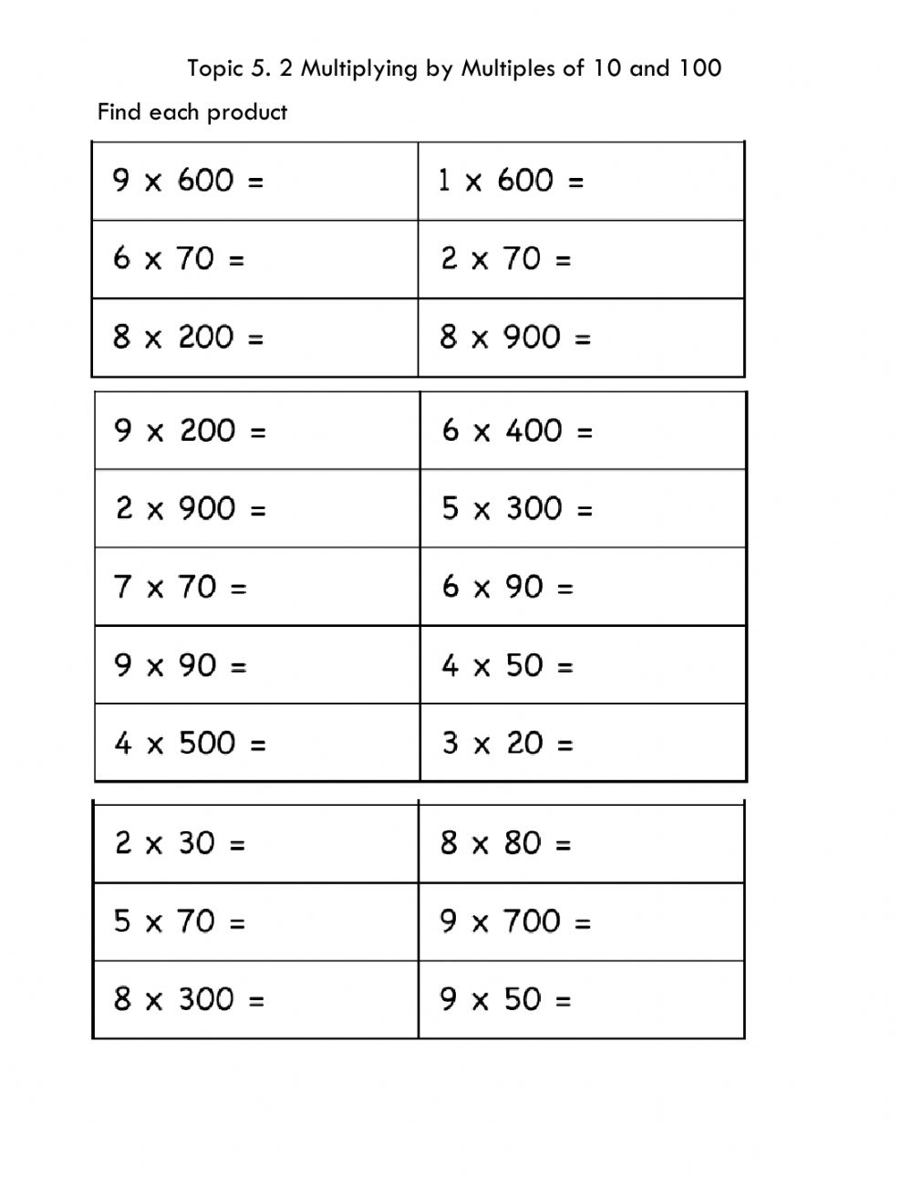 Multiplying With Multiples Of 10 And 100 Worksheet
