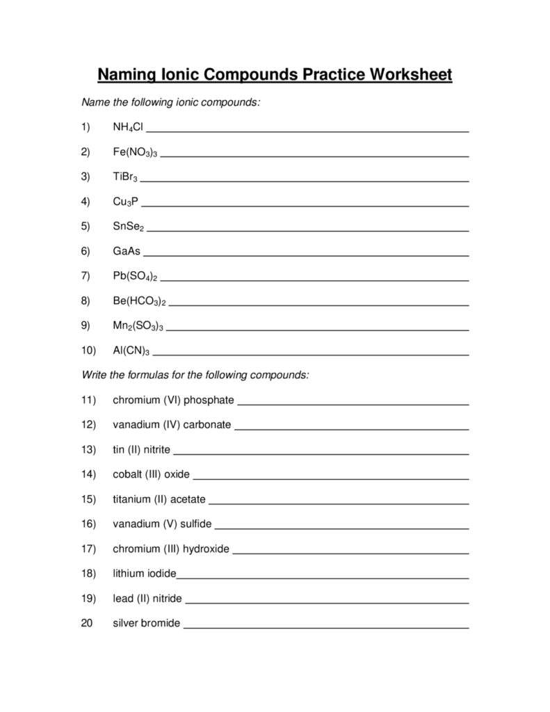 Writing And Naming Binary Ionic Compounds Worksheet