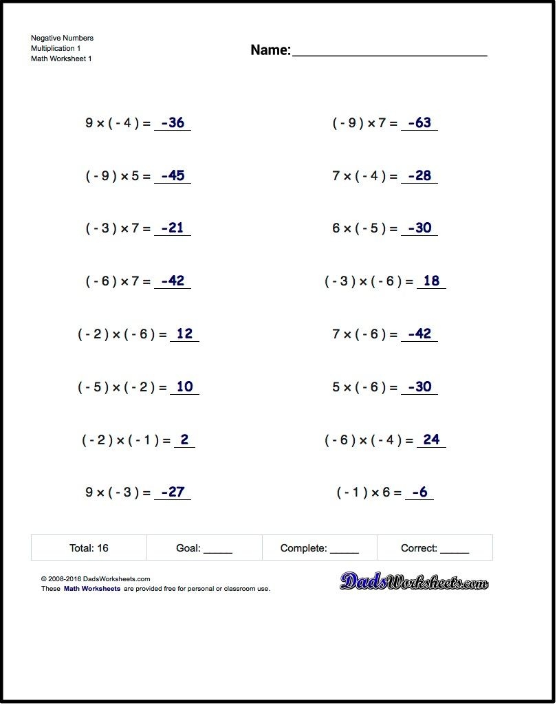 Negative Numbers Multiplication Worksheets