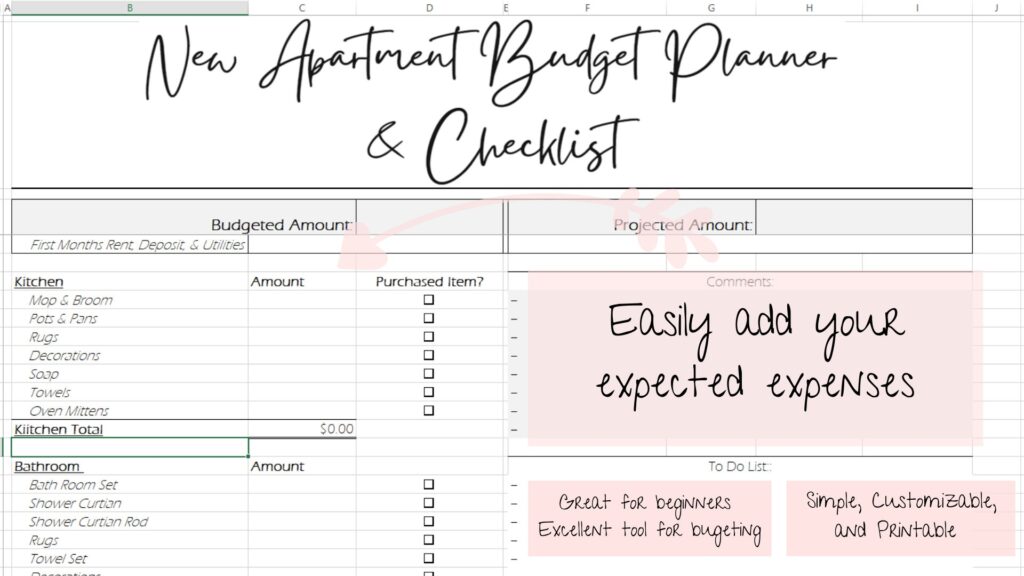 Neues Apartment Budget Checkliste Excel Dokument Etsy de