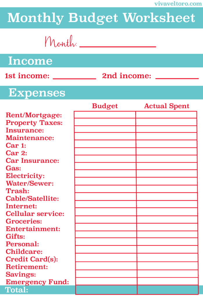 Personal Monthly Budget Worksheet