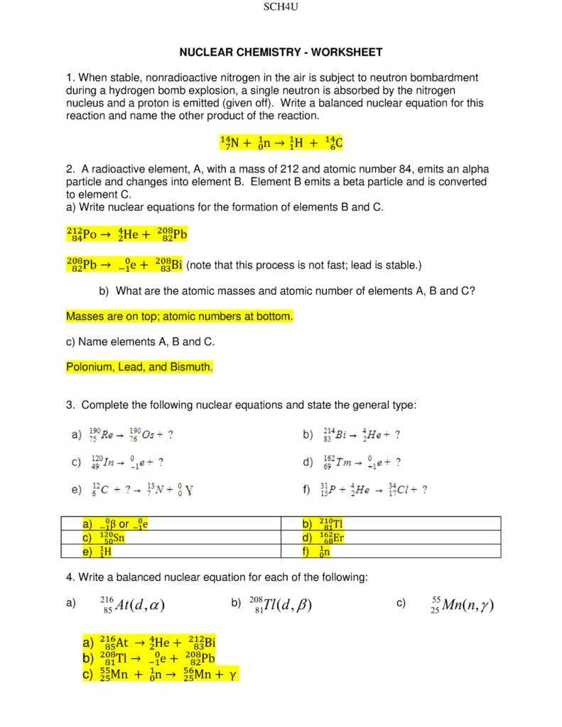Writing Nuclear Equations Chem Worksheet 4-4