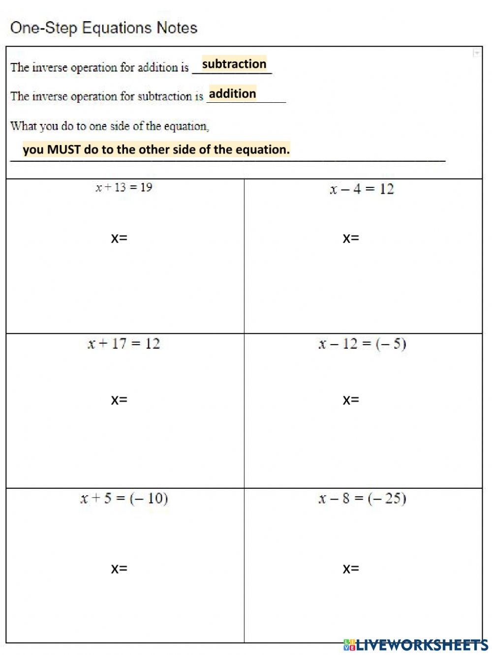 One Step Equations Multiplication And Division Worksheets Pdf