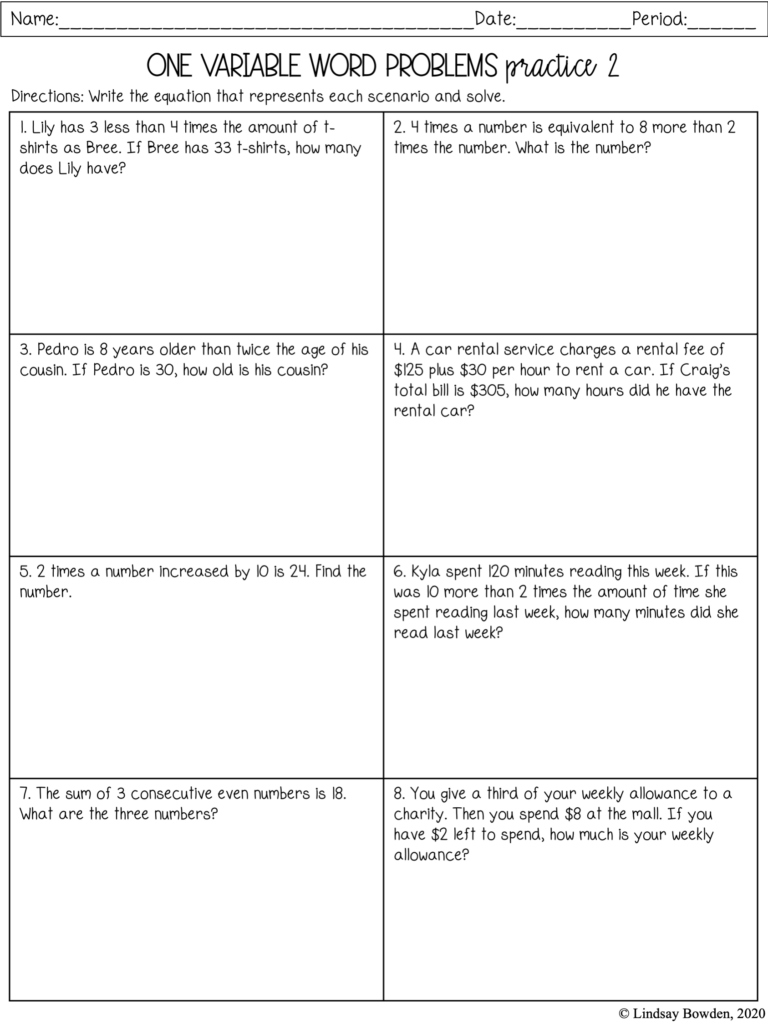 Writing And Solving Equations From Word Problems Worksheet