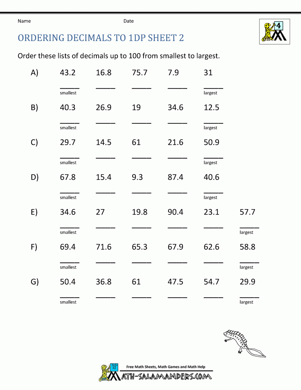 Ordering Decimals Up To 3dp