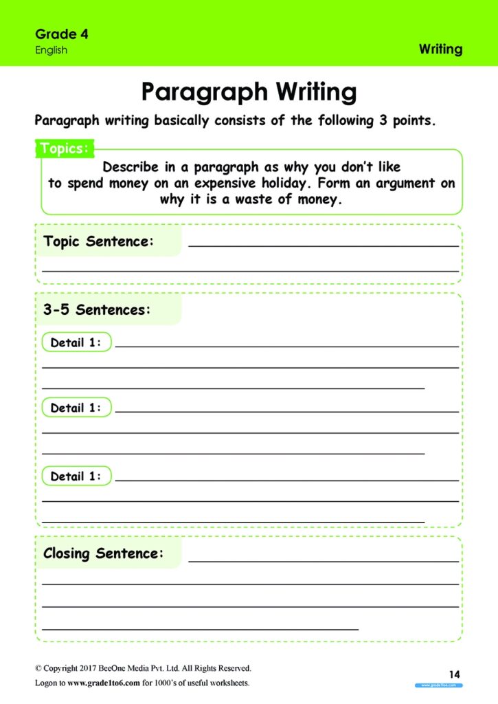 Paragraph Writing Worksheets Grade 4
